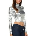 thumbnail image 4 of Sakkas Metallic Liquid Mock Neck Turtleneck Long Sleeve Crop Top - Made in USA - Silver - Large, 4 of 6
