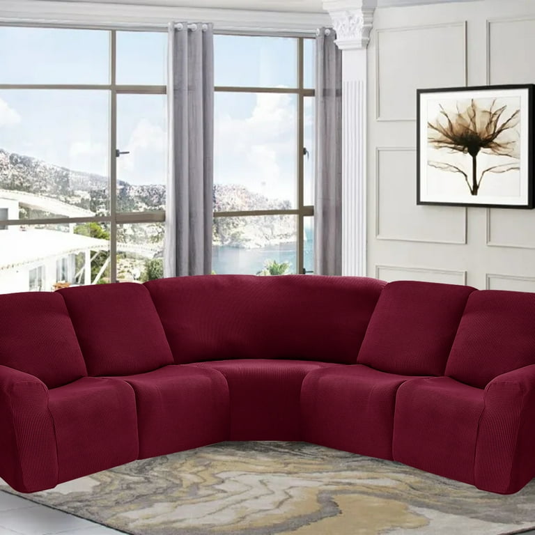 SHANNA 5 Seat Recliner Sofa Covers 7 Piece Jacquard Stretch Soft 5 Seater Corner Reclining Sofa Covers L Shaped Sectional Couch Slipcovers Furniture