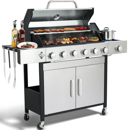 69000 BTU Output Propane Gas Grill with Side Burner and 6 Main Burners - Double-layer Stainless Steel Lid, Cast Iron Grids, Easy-Clean Grease Management & Even Heat Distribution for Perfect BBQs