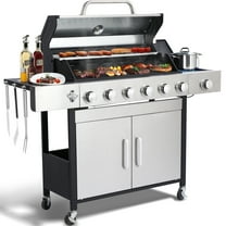 69000 BTU Output Propane Gas Grill with Side Burner and 6 Main Burners - Double-layer Stainless Steel Lid, Cast Iron Grids, Easy-Clean Grease Management & Even Heat Distribution for Perfect BBQs