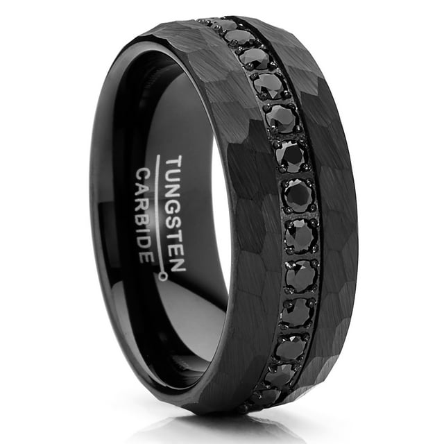 Alliance de Mariage pour Homme en Tungstène Noir Martelée Bague d'Éternité CZ Ajustement Confortable 8 mm