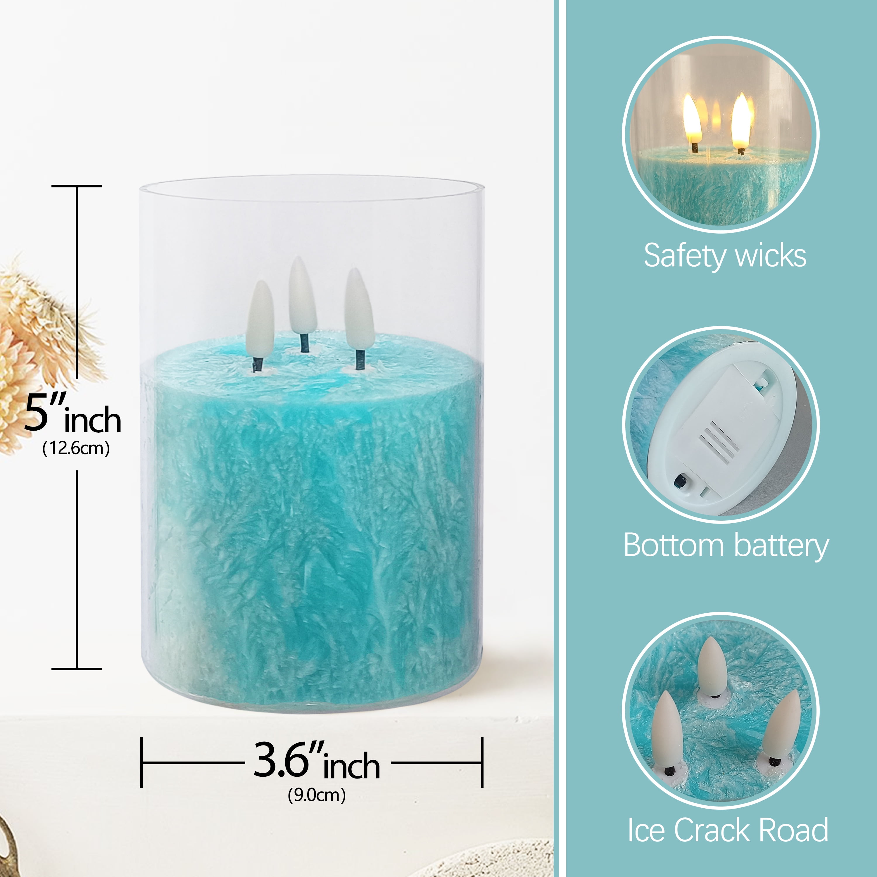 FCMSHAMD 5Inch Flameless Candle with 3 Wicks, Glass LED Pillar Candle, Real Wax Battery Operated Candle with Remote Control and Timer, Blue