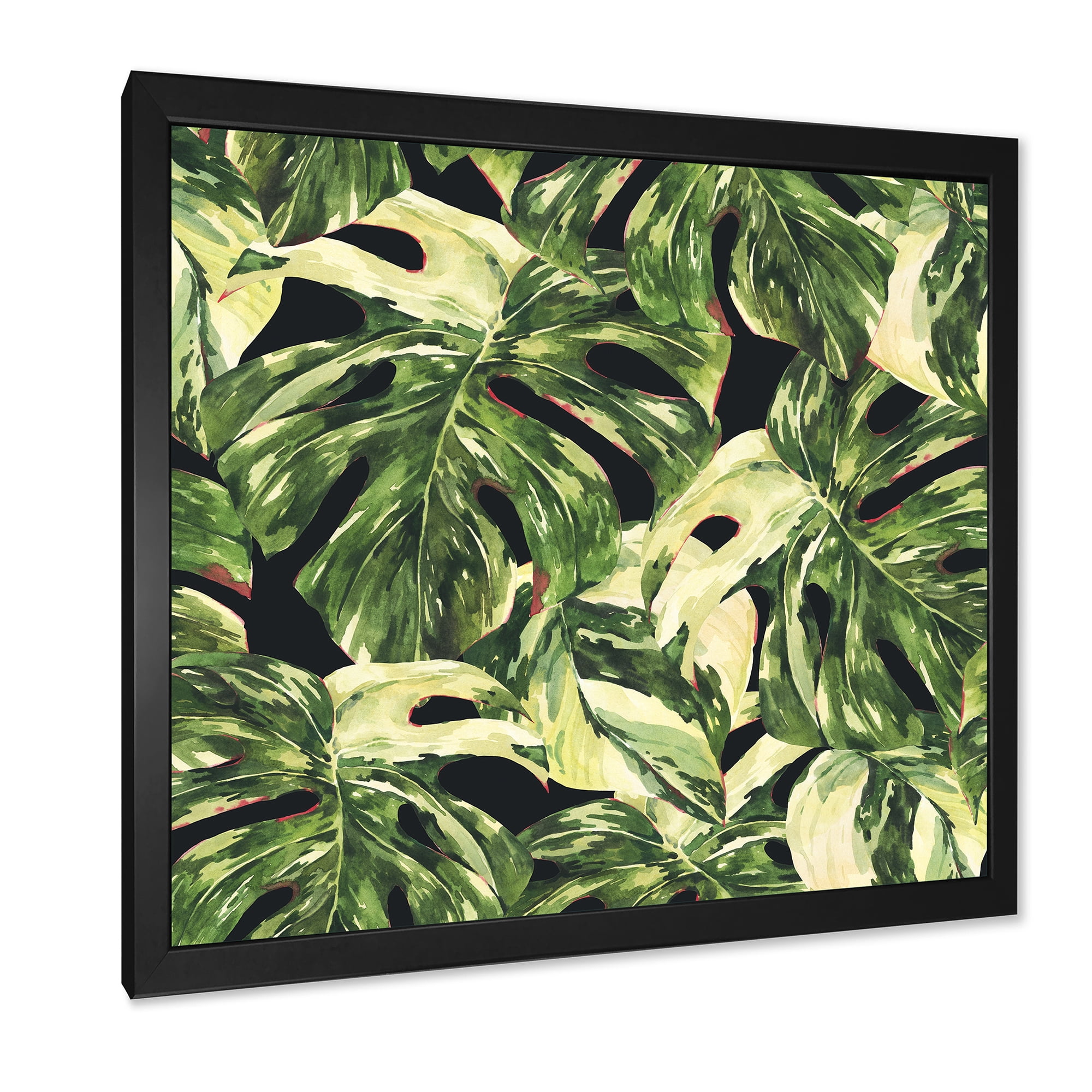 Designart 'Natural Green Leaves Exotic On Dark II' Tropical Framed Art Print