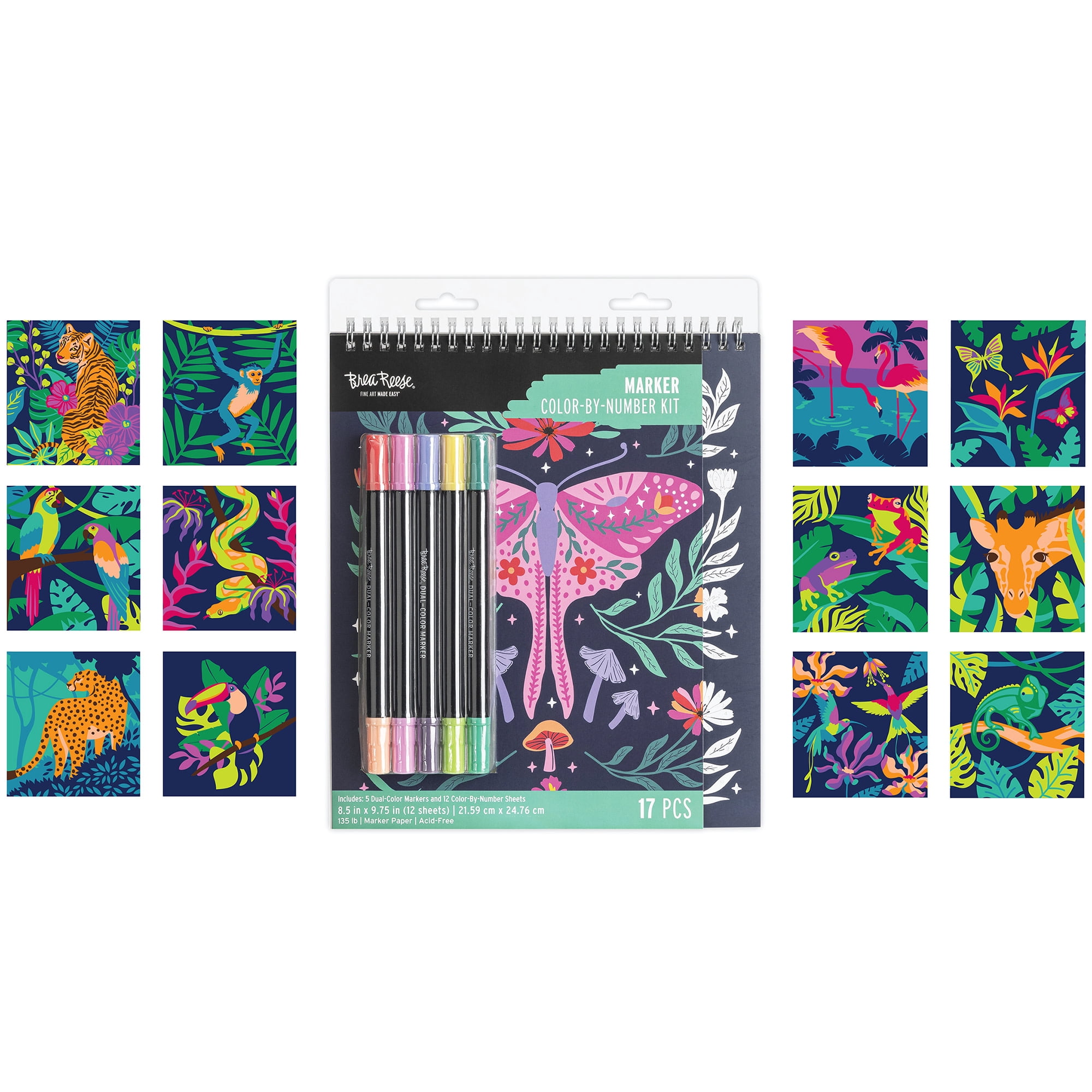 Brea Reese: Marker Color-by-Number Kit - Jungle Animals - 5 Dual-Tip Markers, 12 Nature Designs, Guided Art, 8.5 x 9.75" Pages, Adult Spiral Art Pad