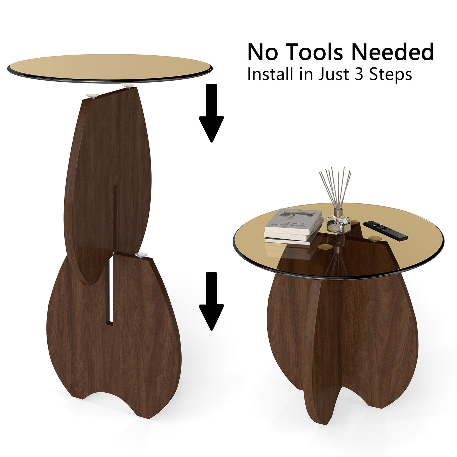Permory MDF Frame Side Table with Brown Tempered Glass Top, Mortise and Tenon Joint Design, No Screw Easy Assembly, Sturdy End Table for Living Room, Bedroom