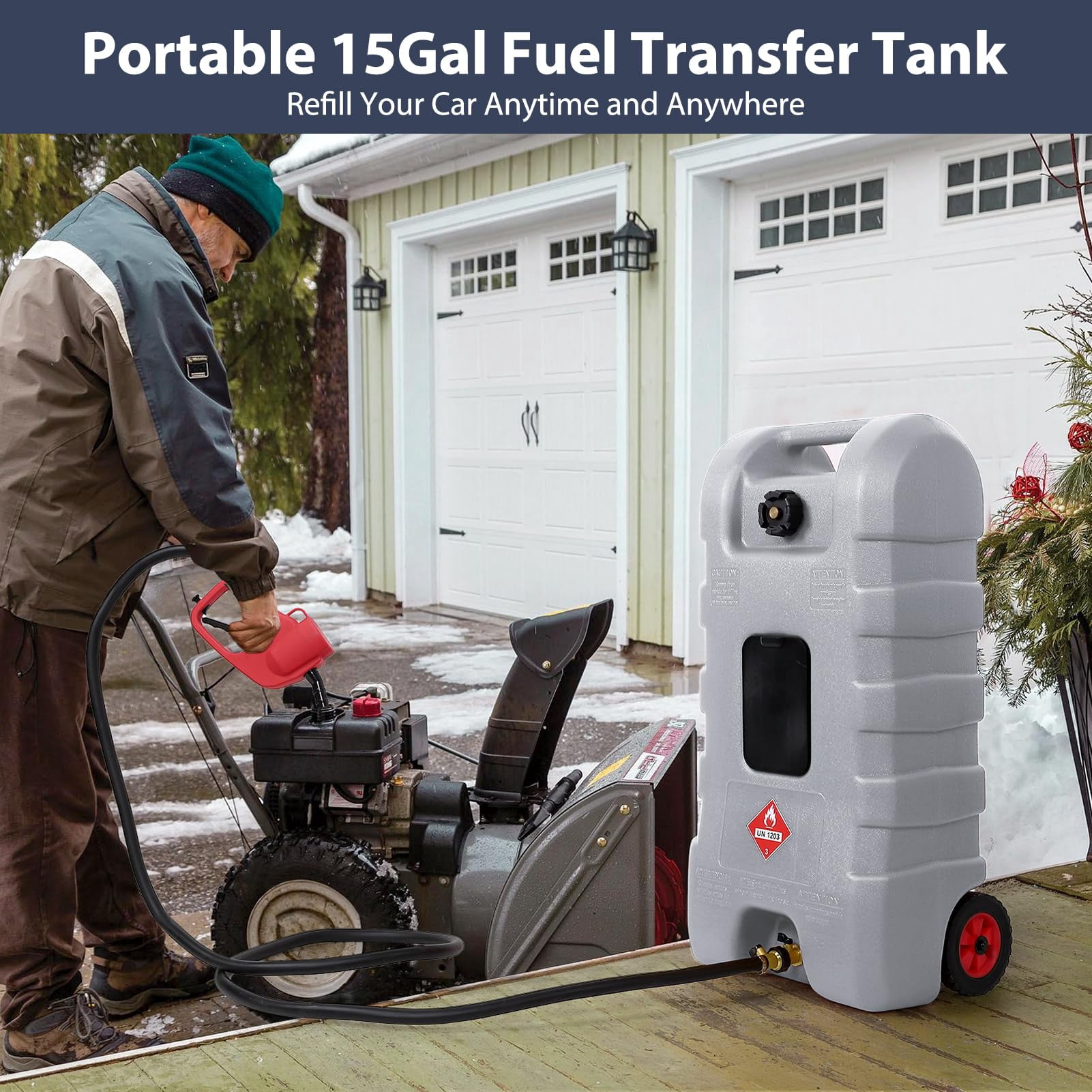 15 Gallon/57L Portable Gas Fuel Tank Container with LE Manual Siphon Pump & 10FT Hose for Cars, Lawn Mowers, ATVs, Boats