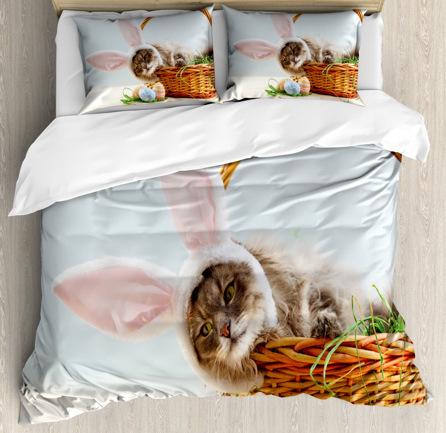 Easter Bunny Duvet Cover Set Queen Size, Adorable Fluffy Cat with Pink ...