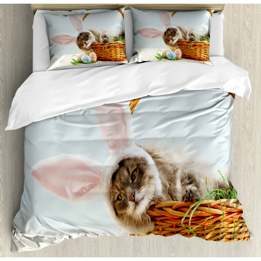 Easter Bunny Duvet Cover Set King Size, Adorable Fluffy Cat with Pink ...
