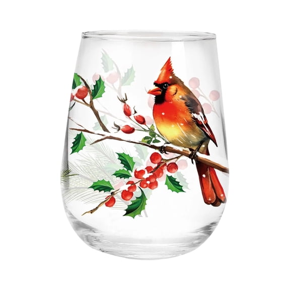 Stemless Wine Glasses,Garden Cardinal Morning Bliss Glass,Hand Painted Cardinal Bird Stemless Wine Drinking Cup,Clear Animal Pattern Glass Cups,Nature Art Tumbler Gift,Home Bar Party Supplies B