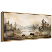 IDEA4WALL Extra Large Framed Canvas Print Wall Art Misty Autumn Forest with Wildlife Artwork Nature Wilderness Vintage Inspired Pastel Antique Fine Art Decor Relax/Calm for Rooms Decor - 60x30