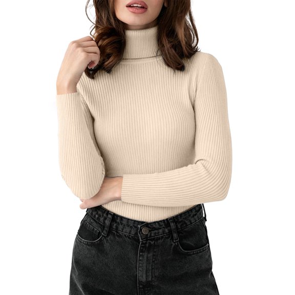 Crgrtght Womens Turtleneck Tops Ribbed Knit Long Sleeve Slim Fit Sweaters Winter Fall Casual Cozy Pullover Blouses Beige One Size