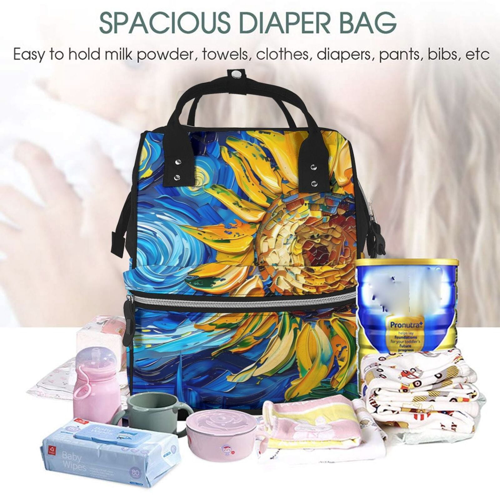 Ratiio vintage Starry Sunflower Mummy Backpack - Waterproof Twill Canvas, Large Capacity Diaper Bag with Multiple Pockets and Adjustable Straps
