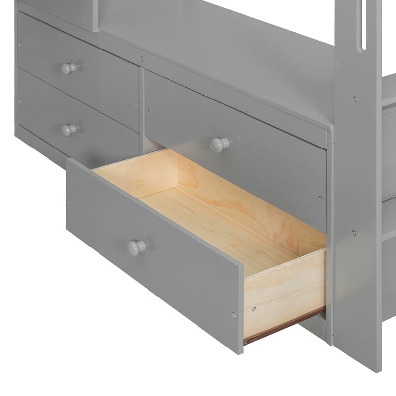 Full Versatile Loft Bed with L-Shaped Desk, LED Light Strip & Charging Station, Storage Kids Bed Frame with Drawers & Wardrobe