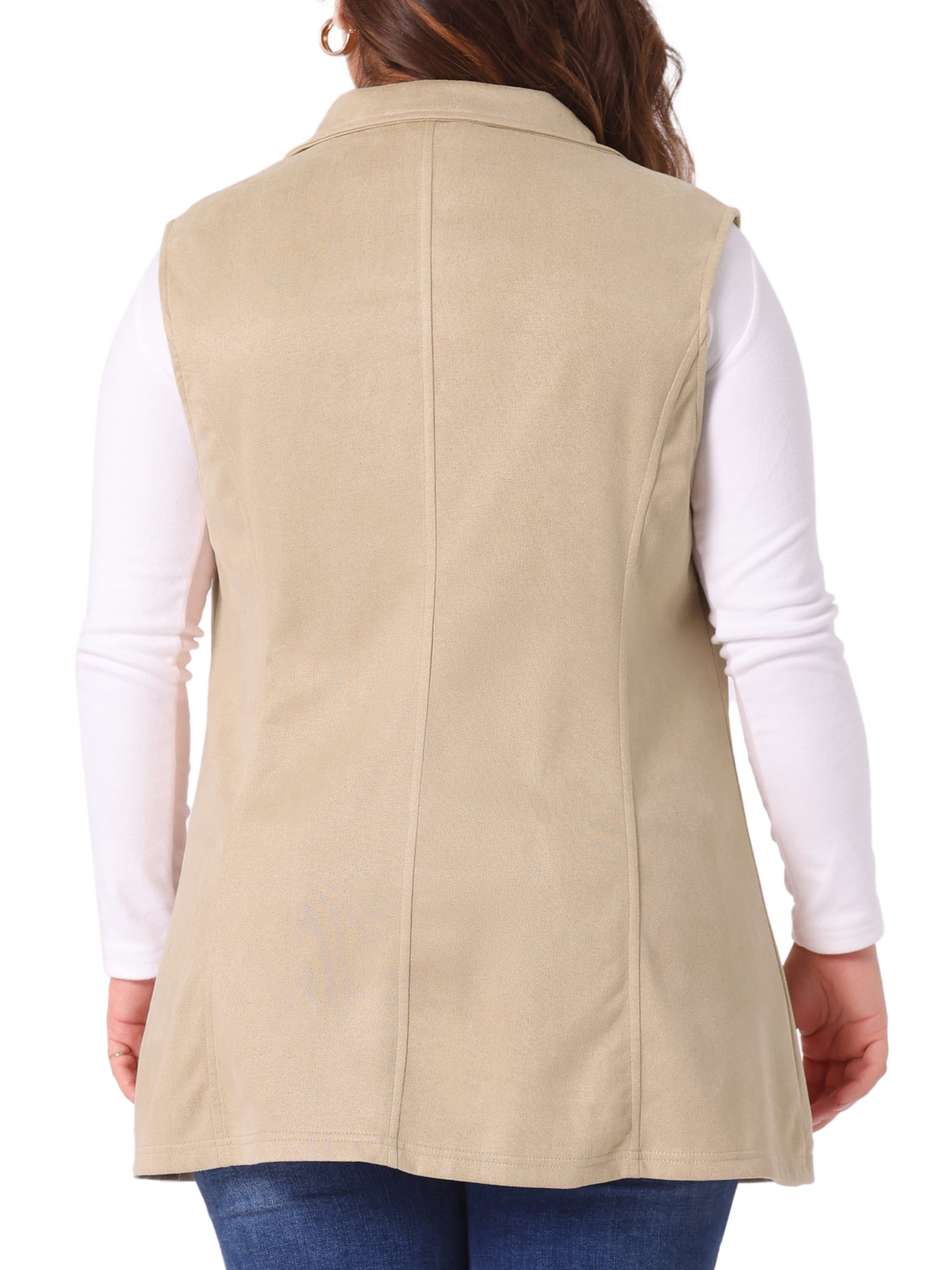 DARING DIVA Women's Plus Size Lapel Sleeveless Lightweight Suede Vests 1X Khaki