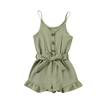 

Calsunbaby Toddler Baby Girls Casual Romper Suspender Jumpsuit Solid Button One-piece Short Pants with Belt Green 6-7 Years