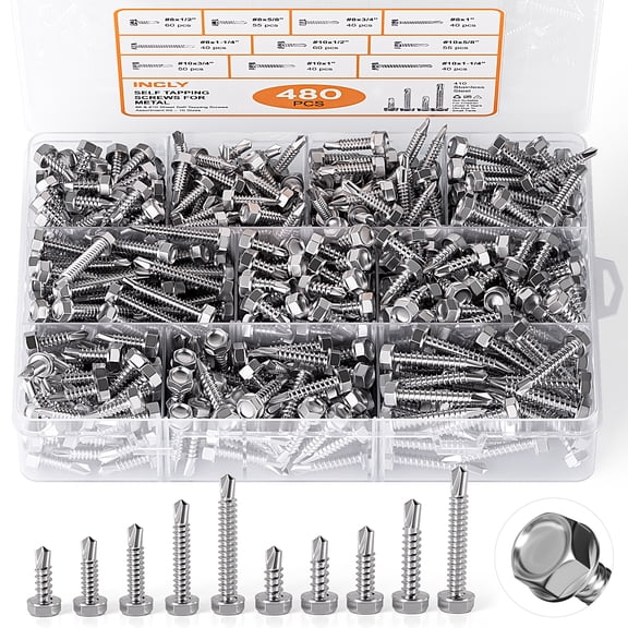 INCLY 480PCS Self Tapping Screws for Metal, 410 Stainless Steel Self Drilling Screws #8#10 Hex Head Sheet Metal Screws Assortment Kit, Length 1/2" to 1-1/4''