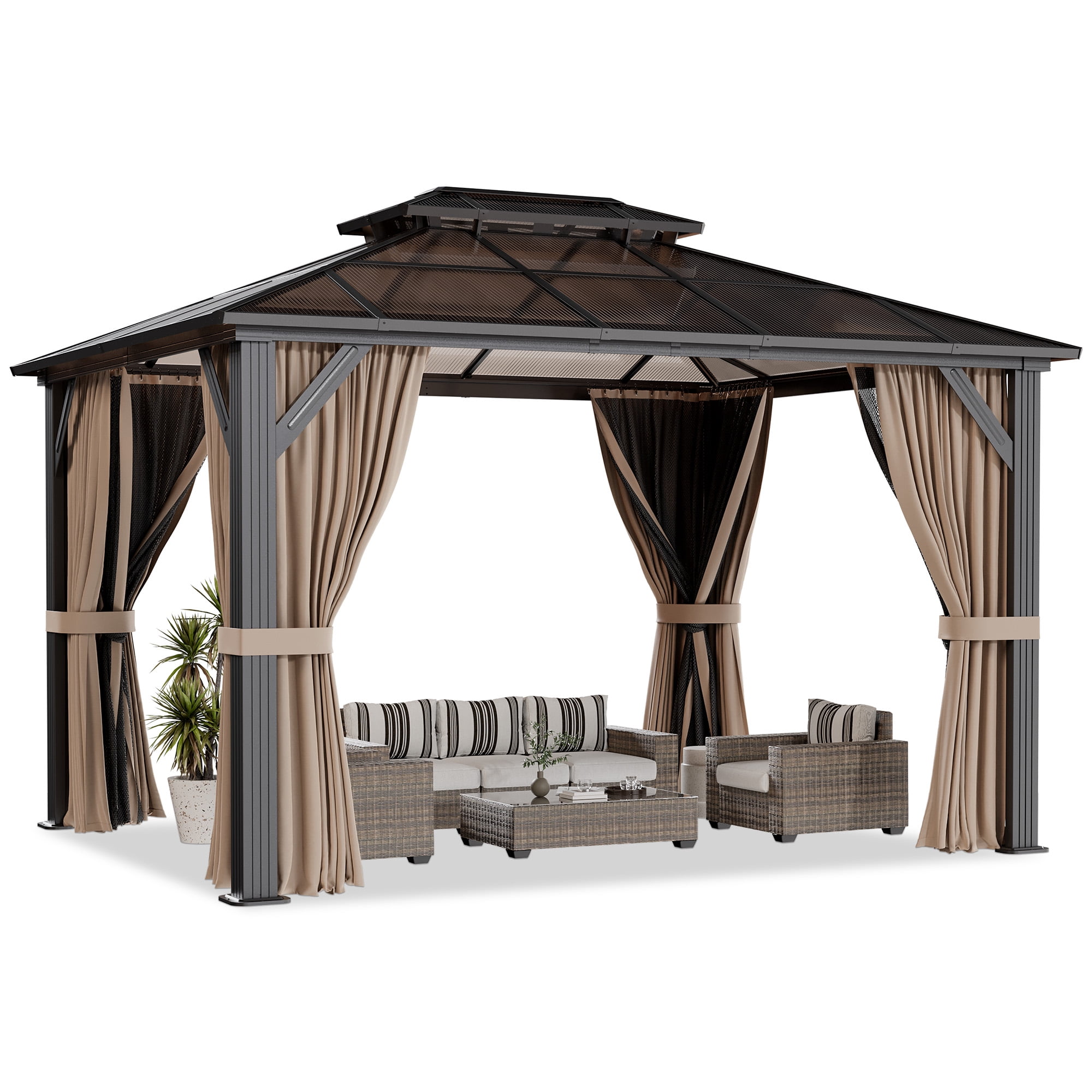NETAJE 10x12 FT Hardtop Gazebo, Heavy Duty Gazebo with Aluminum Frame and PC Panel Double Roof, Outdoor Permanent Pavilion W/Curtain and Netting for Patio, Backyard, Lawn
