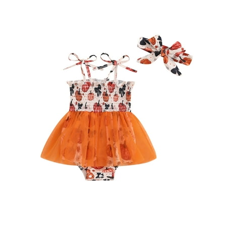 

Jendukie Newborn Baby Girls Halloween Sleeveless Ruffle Romper Square Neck Smocked Tulle Bodysuit Jumpsuit