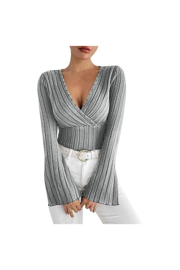Warm Long Sleeve Tops for Women Bell Sleeve Ribbed Knit Tee Shirts Pullover Wrap Deep V Neck Fall Dressy Lettuce Trim Blouses Gray,XL