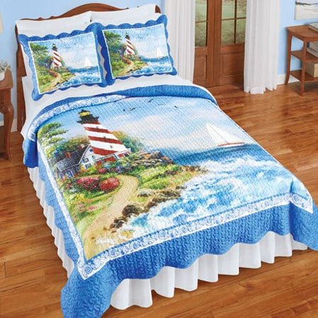 Lighthouse Scene Coastal Scalloped Edge Quilt-King