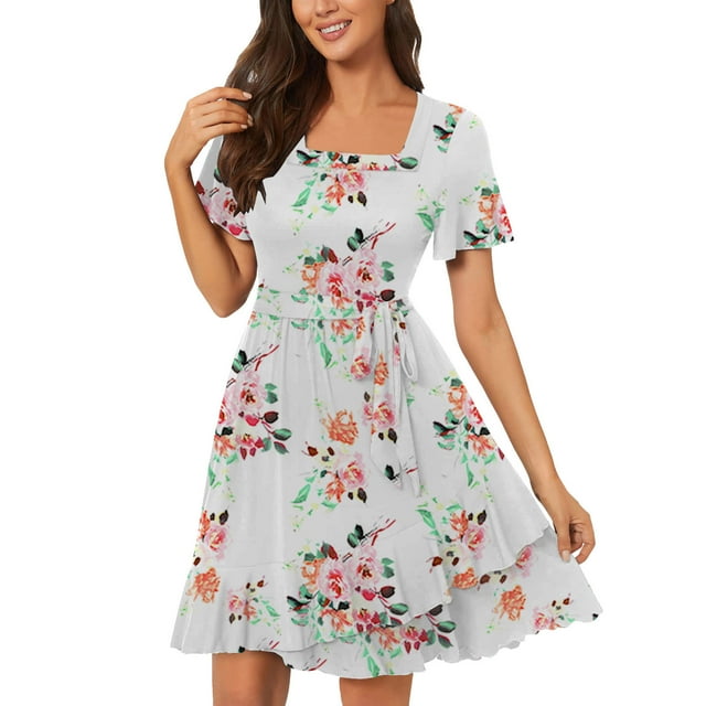 Cameland Robes d'Été pour Femmes Manches Courtes Imprimées Robe Slim Col Carré Robes de Soirée