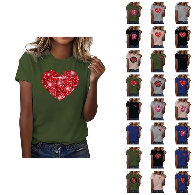 T-shirts de la Saint-Valentin pour Femmes 2026 à Manches Courtes Col Rond avec Cœur Graphique
