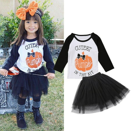 Toddler Baby Kids Girl Halloween Pumpkin Tops+Tutu Skirts 2pcs Outfits Set Party Cutest Clothing