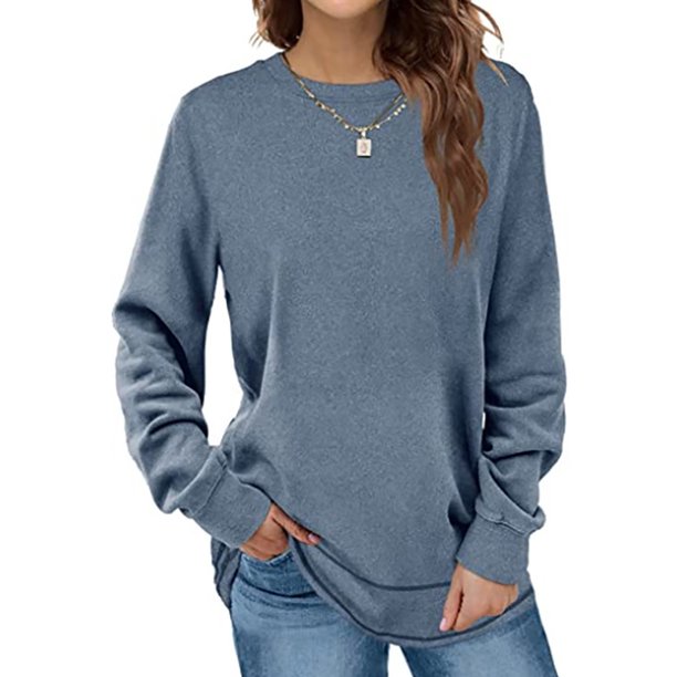 Camisas de cuello redondo para mujer Camisas con dobladillo curvado Camisas casuales de color puro Jersey de manga larga