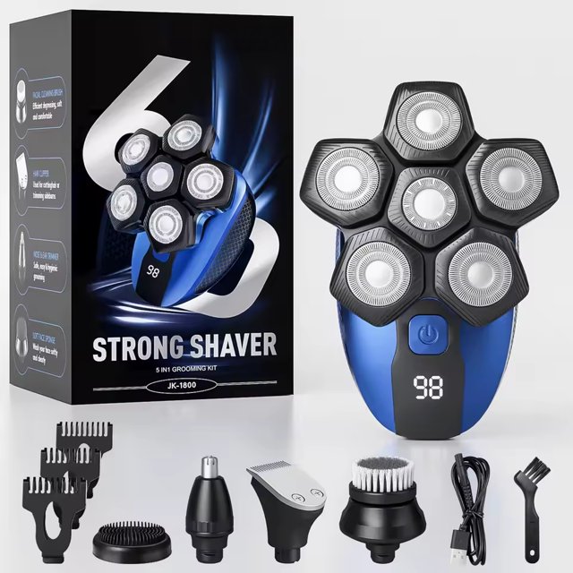 Toytexx 5-in-1 Electric Head Shaver for Men, 6D Floating Rotary Razor with LED Display, USB Rechargeable Grooming Kit, Wet & Dry Use, Random Color