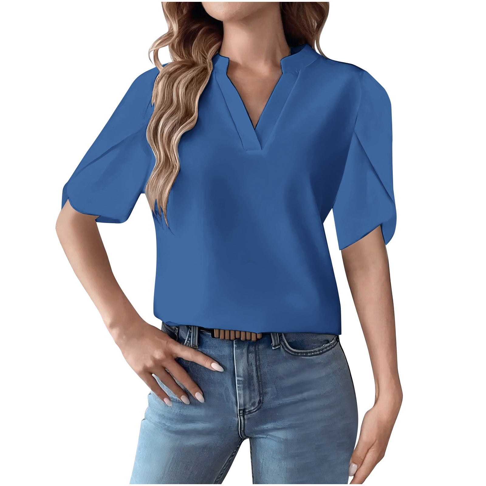 Women's Casual Loose Solid Color Short Sleeve V-Neck Top Blouse