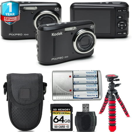 Kodak PIXPRO FZ43 Digital Camera (Black) + Extra Battery +Tripod + 1 Yr Warranty -64GB Kit