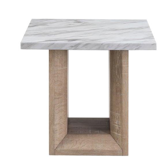 JERFIT Modern Pedestal End Table with Marble Top, Nightstand for Living Room, Accent Table in Black and Ivory