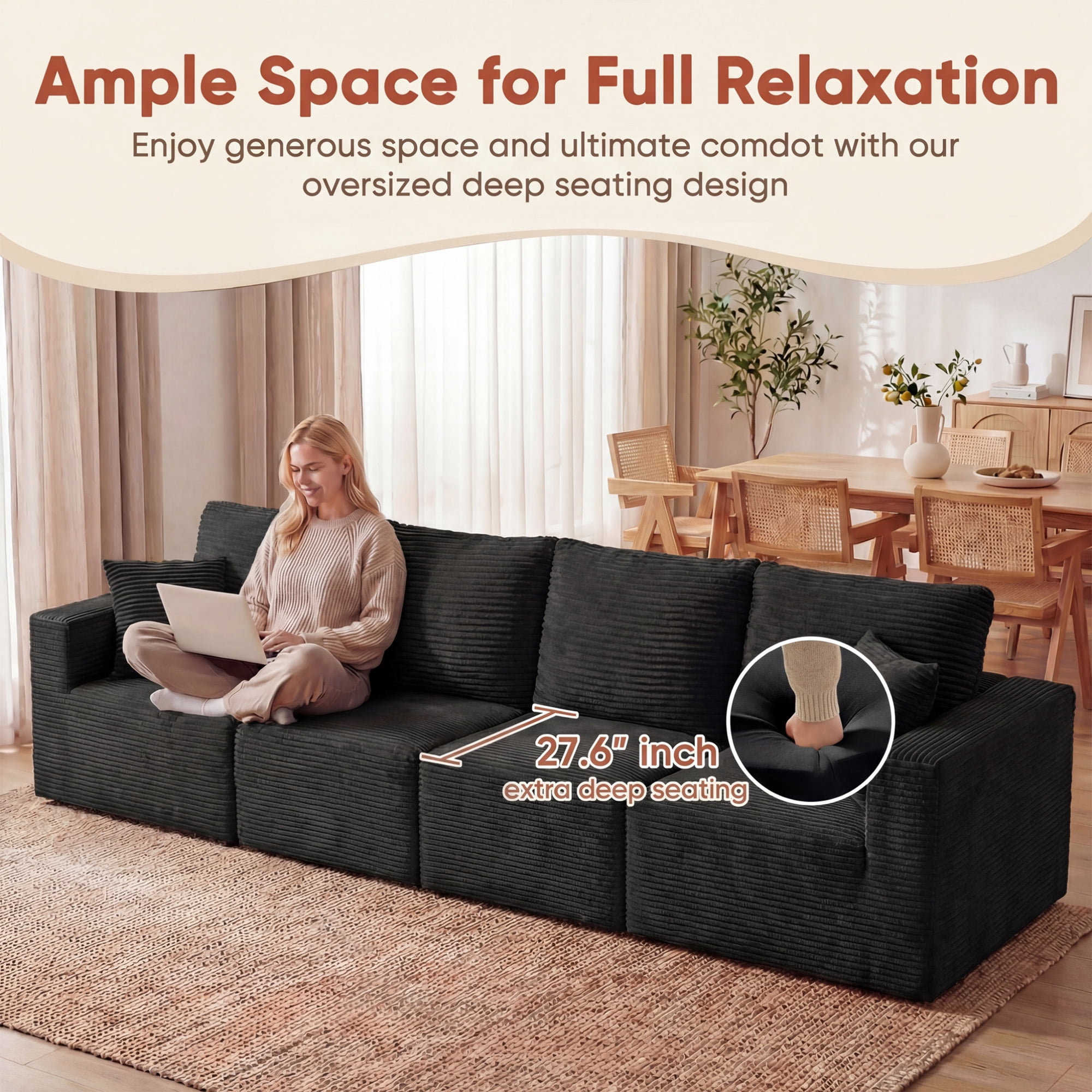 Homall 4-Seat Modular Corduroy Sofa, Sectional Couch with Convertible Modules, Modern Minimalist Sofa Set for Living Room, Freely Combinable Sofa Furniture, Black