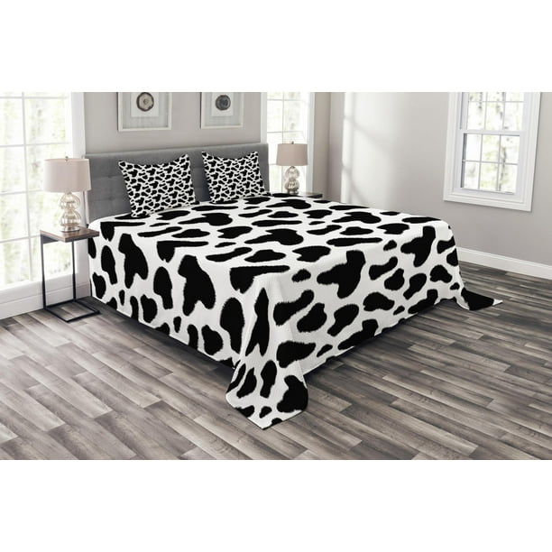 Cow Print Bedspread Set Queen Size, Cow Hide Pattern with Spots Farm