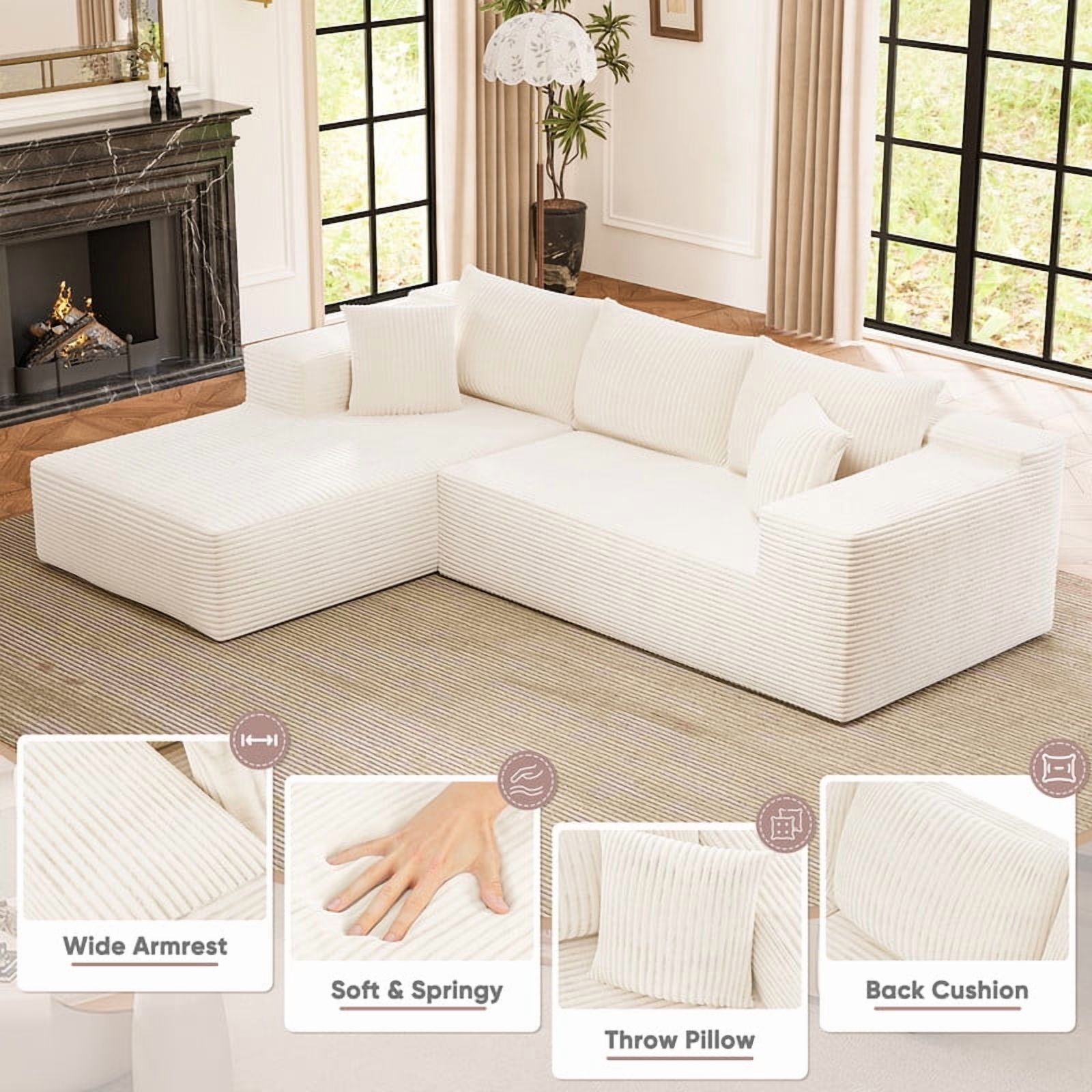 Furmax 108"  L-Shape Boneless Chaise Sectional Sofa Cloud Couch Sectional Corduroy Couch Set with Deep Seat for Living Room,Corduroy White