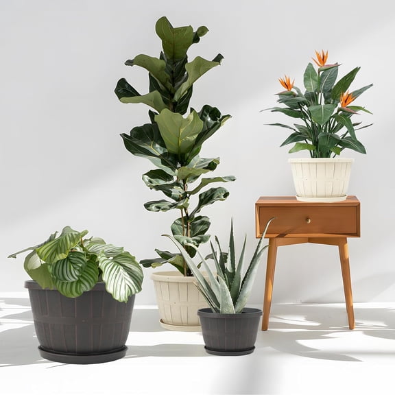 14 Inch Plastic Flower Pot for Indoor Plants, 4 Pack Large Outdoor Planter with Drainage Holes & Saucers