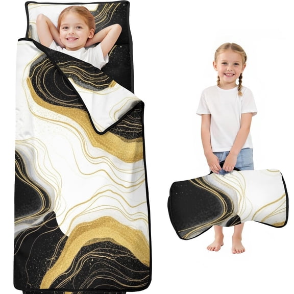 Black and Gold Marble Pattern Teens Toddler Nap Mat with Pillow, Sleeping Mat Bag for Preschool Daycare 59"x22"