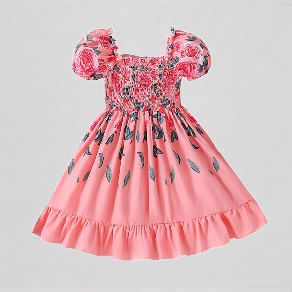 REDARER Girls' Rose Print Smocked Dress with Puff Sleeves & Ruffle Hem Summer Vacation Outfit,2-3 Years