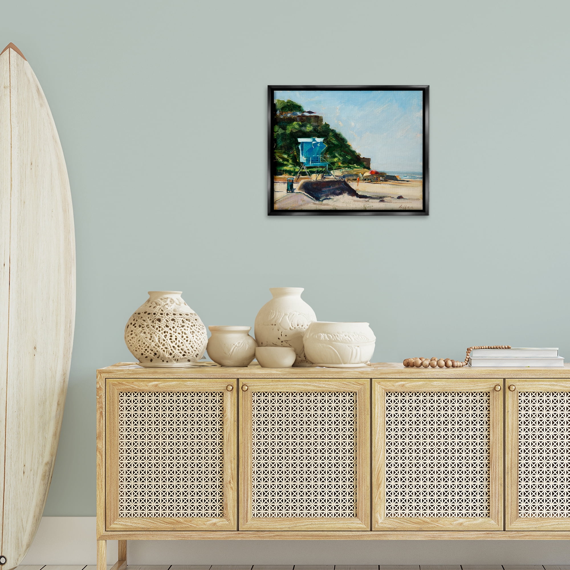 Stupell Industries Beach Guard Tower Landscape & Nature Painting Black Floater Framed Canvas Art Print Wall Art, 21 x 17