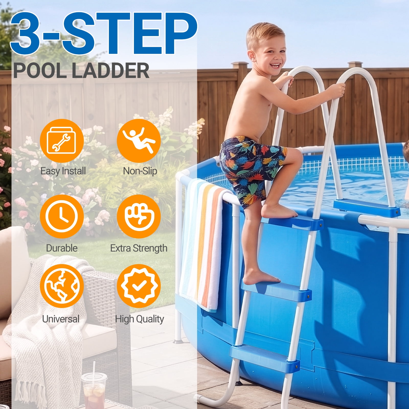 Ktaxon 3-Step 43" Steel Above Ground Pool Ladder, Heavy Duty Non-Slip, White Frame & Blue Steps