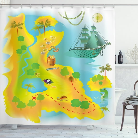 Adventures Shower Curtain, Mysterious Fantasy World Island Map Treasure Hunting Cartoon Icons, Fabric Bathroom Set with Hooks, 69W X 70L Inches, Earth Yellow Multicolor, by Ambesonne
