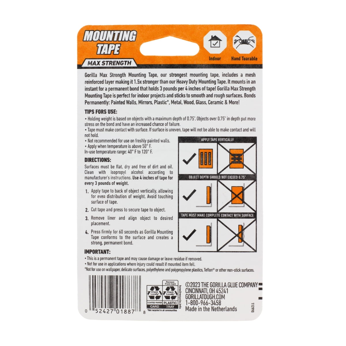 (4 pack) Gorilla Mounting Tape Max Strength 60inches 6pc Bulk Black Color