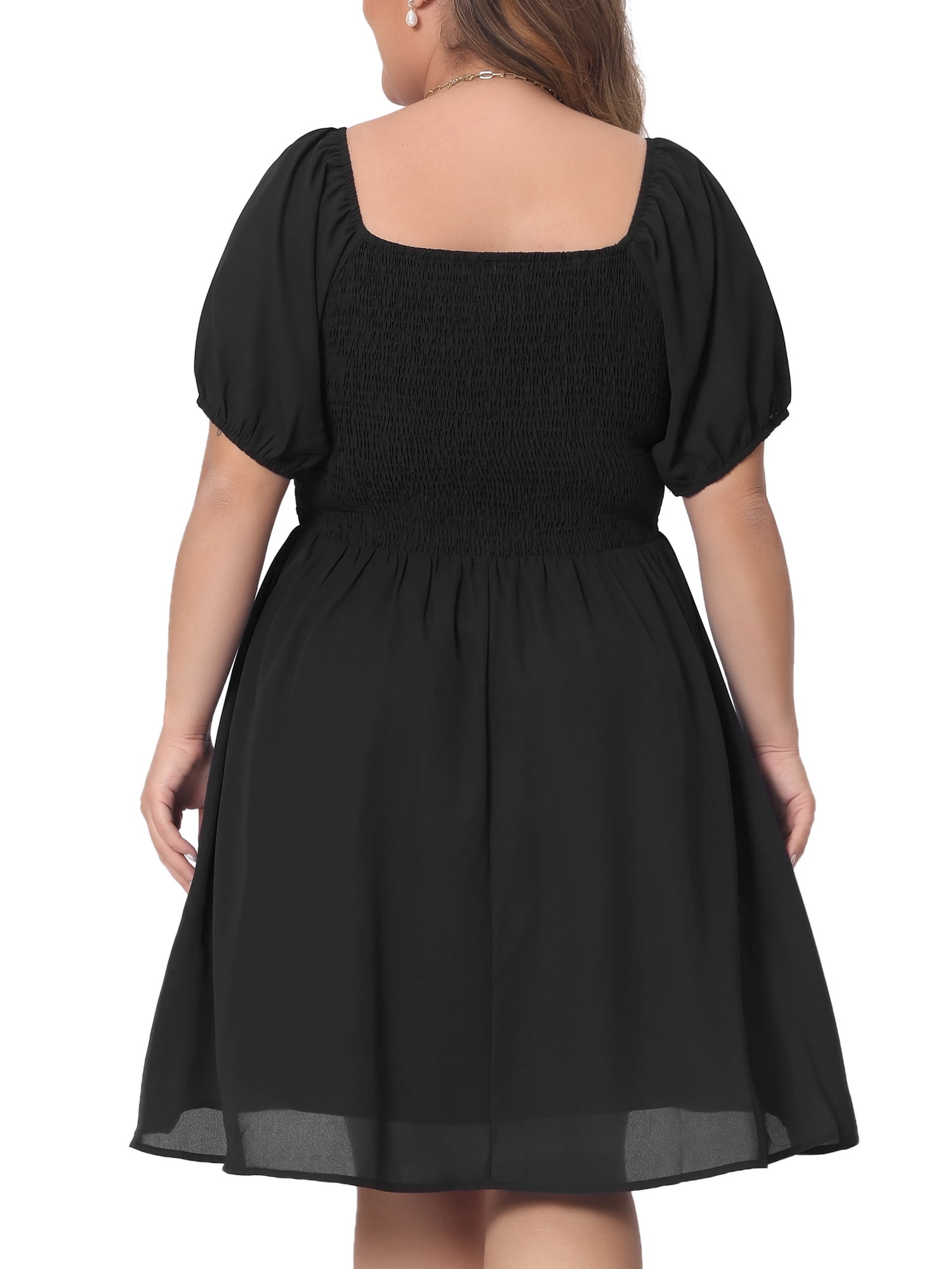 DARING DIVA Women's Plus Dress Smocked Square Neck Stretchy Midi Dress 3XL Black