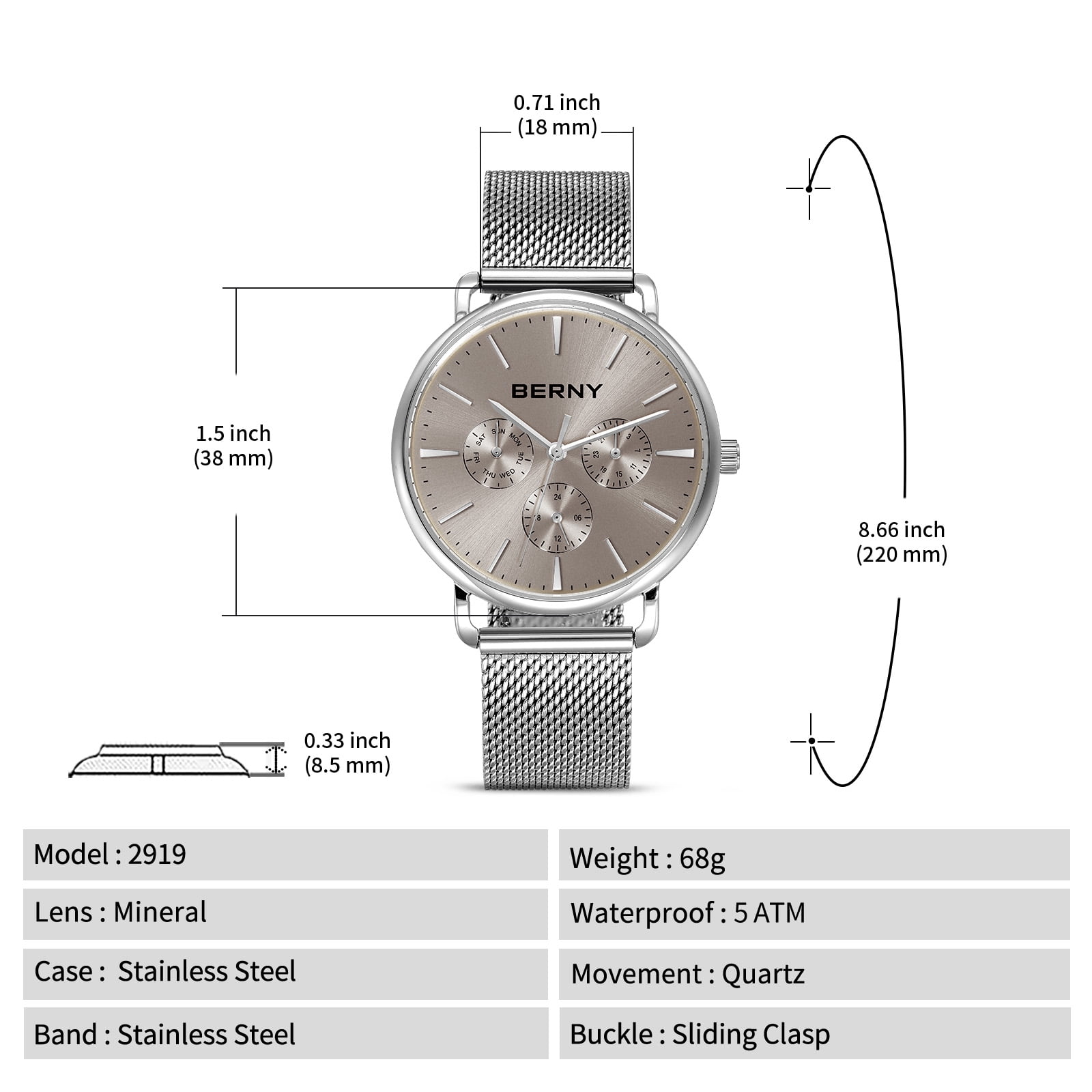 BERNY Quartz Watch for Unisex ( Men and Women), Classic Waterproof Men's Wirstwatch with Multifunctional Dials, Quick Release Stainless Steel Mesh Band, Gray Dial