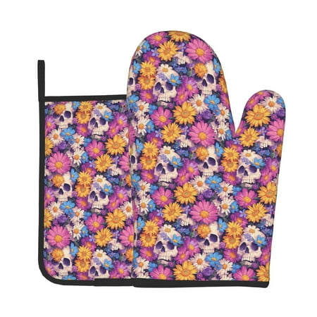 

Lukts Skull daisy flower Print Kitchen Heat-Resistant Gloves and Spacers 2pcs Set Suitable for Baking and Cooking