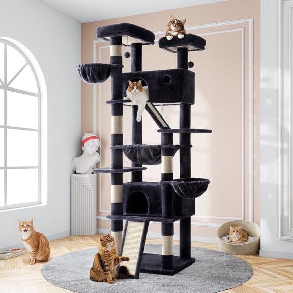 Amolife 81" Large Cat Tree Tower for Large Cats with Cat Condo Hammock, 2 Scratching Ramps, 6 Scratching Posts, Blue