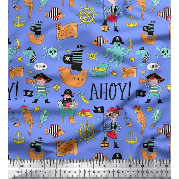 Soimoi Rayon Fabric Ship Wheel,Pirate Boy & Jellyfish Ocean Print Fabric by Yard 56 Inch Wide