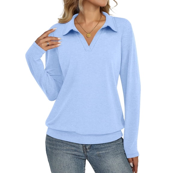 Lumtrix Women'S V-Neck Polo Shirts Long Sleeve Business Casual Collared Tops Casual Trendy Loose Fit Sky Blue S