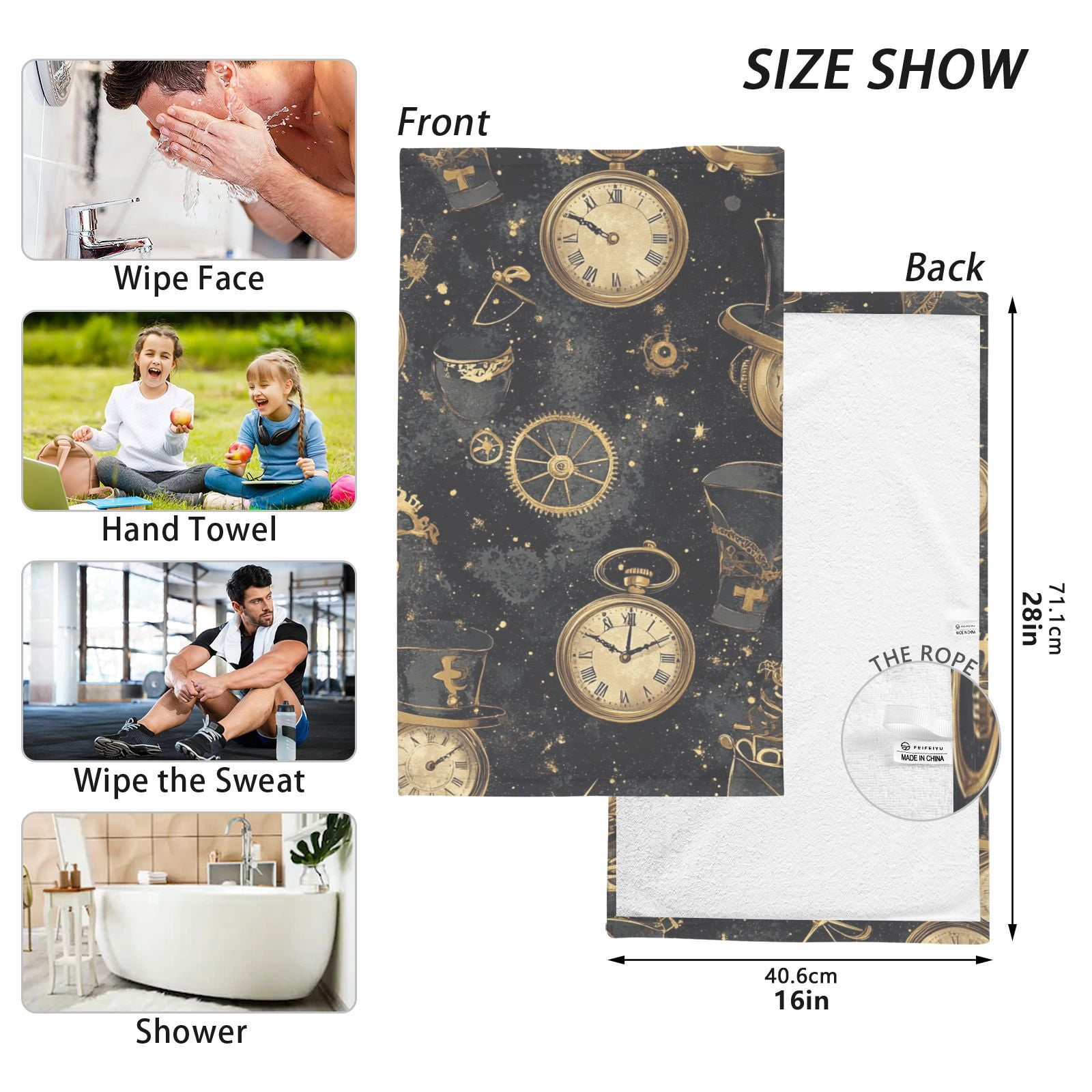 Gold Clocks Machines Hats Hand Towels Cotton Bath Towels Large Face Towels Absorbent for Bathroom 2 Packs