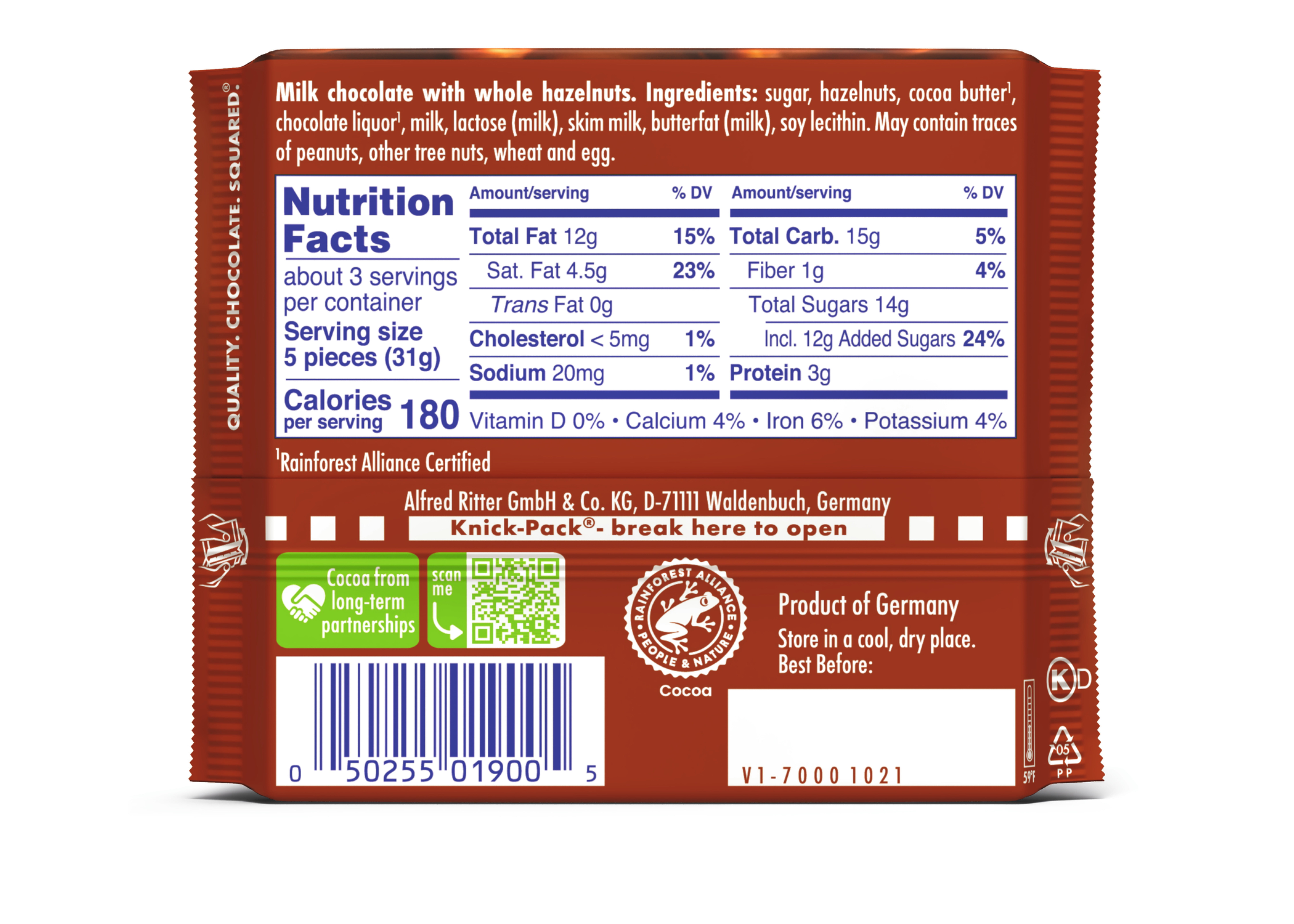 (2 pack) Ritter Sport Milk Chocolate Candy Bar with Crunchy Whole Hazelnuts – Authentic German Chocolate, Wrapped, 3.5 oz